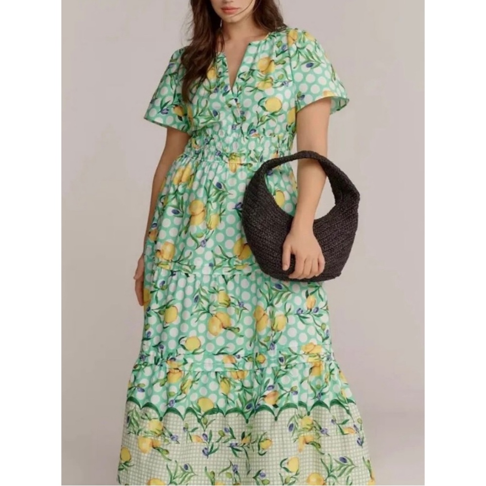 Anthropologie Somerset Maxi Lemon Polka Dot Print Rare Print Summer Vacation L